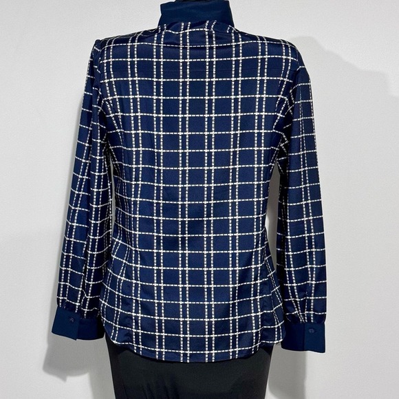 Navy & White Plaid Pattern Ruffle Flounce Blouse, size Medium - Picture 3 of 8